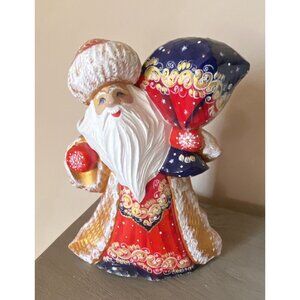 Russian Hand painted Red & Gold Wood Santa Signed READ Description